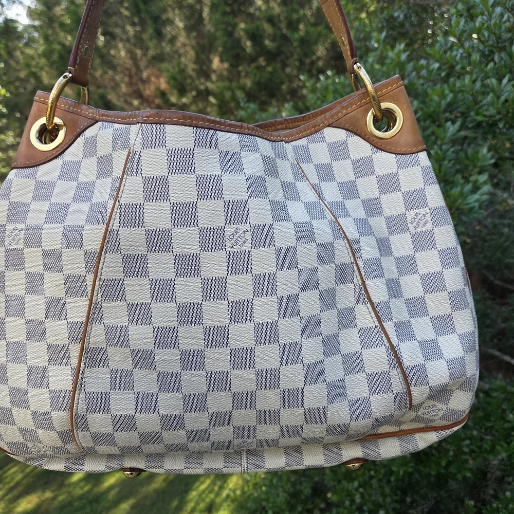 Louis Vuitton Damier Azur Canvas Shoulder Bag with Brown Leather Trim